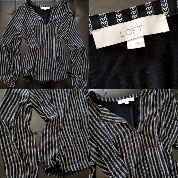 ❗LOFT Black White Flowy Long Sleeve V-Neck Dressy Blouse Medium❗ - Picture 3 of 3